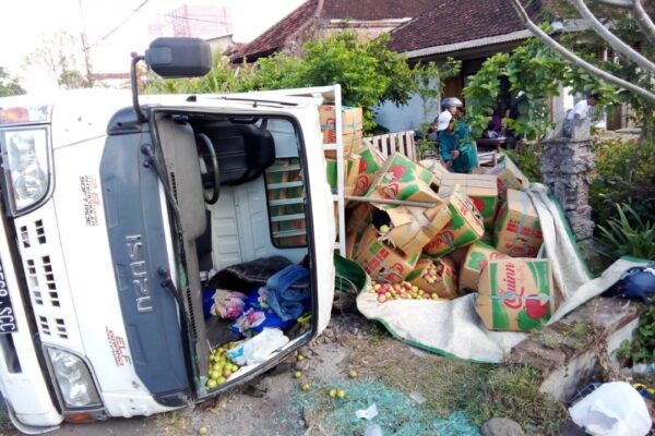 Akibat Menghindar, Truk Muatan Apel Terguling